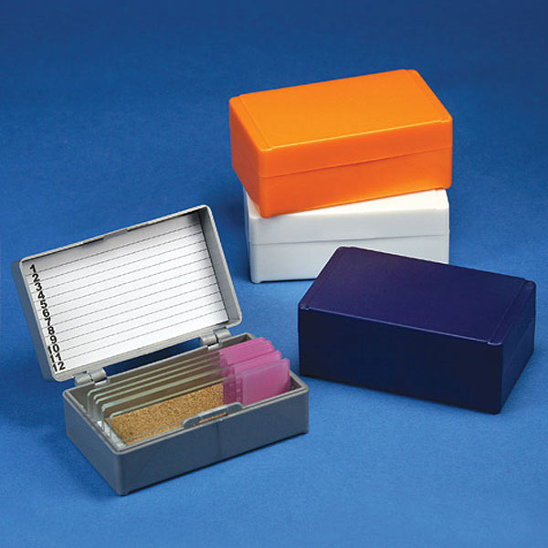 Globe Scientific Slide Box for 12 Slides, Cork Lined, 5 Assorted Colors (Gray, Blue, Dark Gray, Orange and White) Image